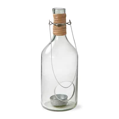 Recycled Blown Glass Bottle Shaped Lantern Tealight Candle Holder Small, 3.75L x 3.75W x 9.5H inches, Decorative Use Only