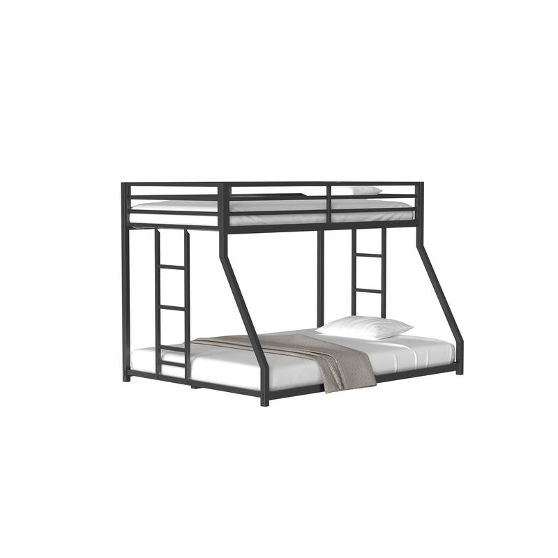 Sturdy Twin over Full Bunk Bed Metal Black for and Adult, Low Profile Twin over Full Bunk Bed with Ladder and Guardrails