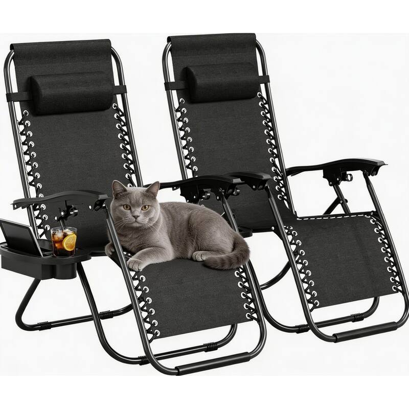 Zero Gravity Chair Set of 2, with Pillow & Cup Holder Tray - Black