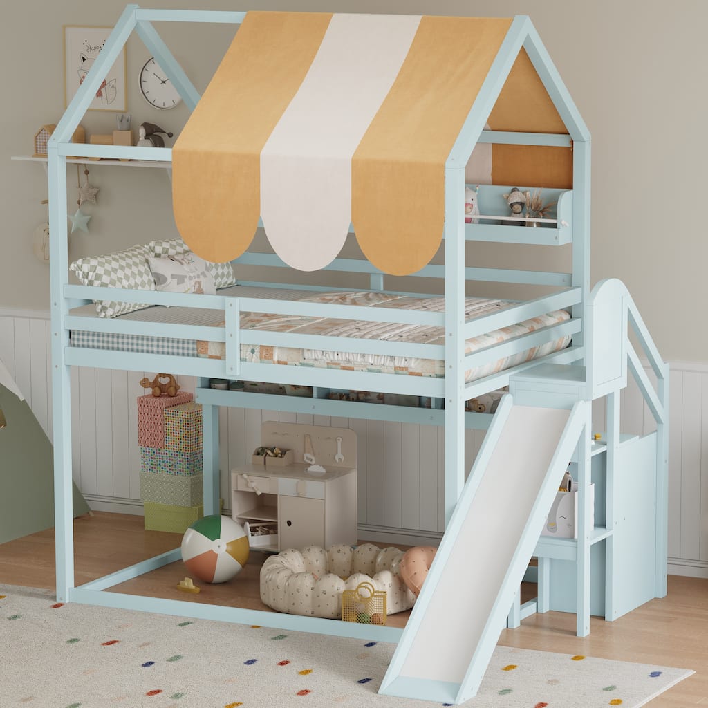Fairytale Full Size House-shaped Loft Bed with Striped Fabric Canopy, Fun Slide Design and Built-in Bookshelves