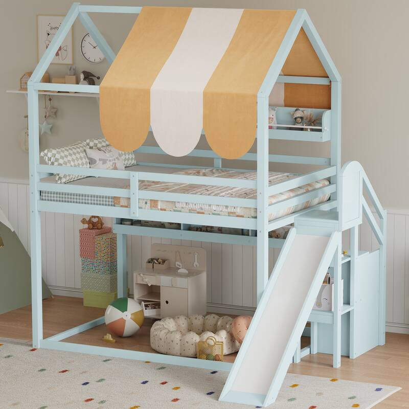 Fairytale Full Size House-shaped Loft Bed with Striped Fabric Canopy, Fun Slide Design and Built-in Bookshelves - Light Green - Full