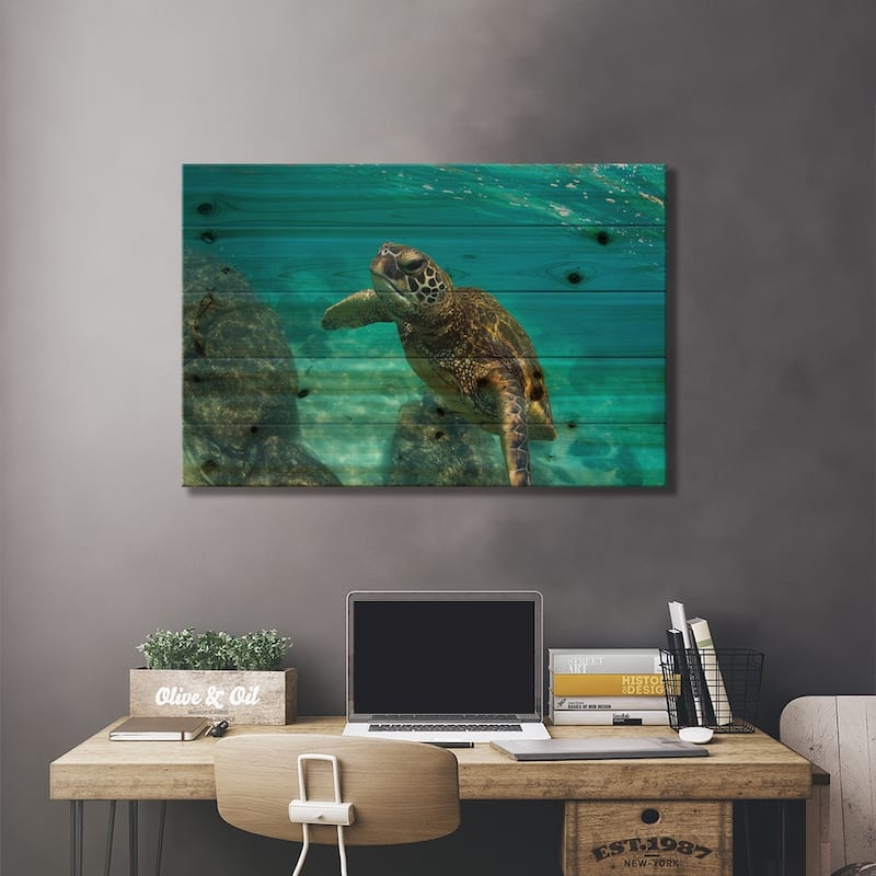 Green Sea Turtle Swimming In The Pacific Ocean, Hawaii, USA Print On Wood by Panoramic Images - Multi-Color