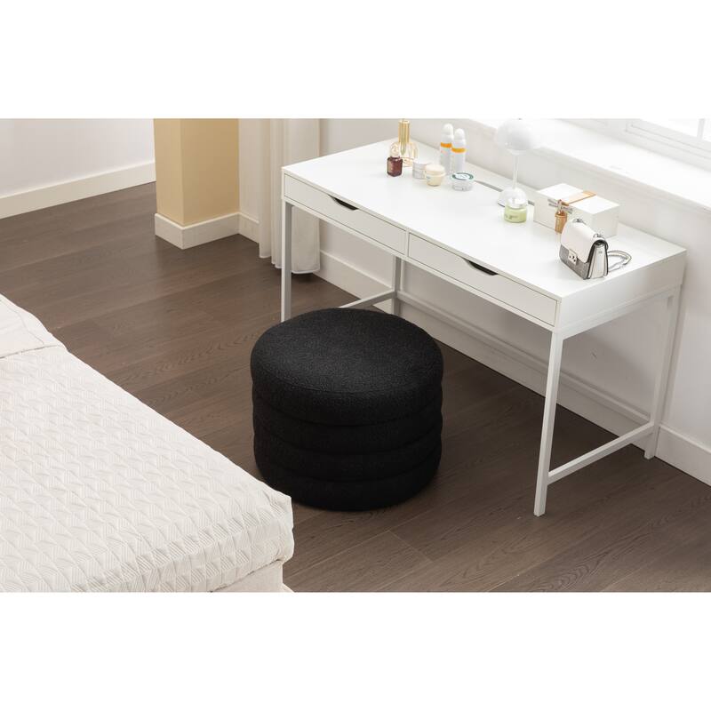 007-Boucle Fabric Storage Round Ottoman Footstool With Wooden Shelving