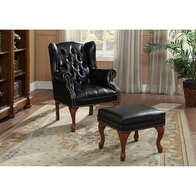 Ulysses Traditional Button-Tufted Wingback Accent Chair and Ottoman