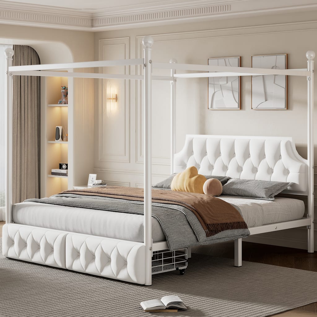 Queen Size Metal Canopy Platform Bed with Headboard and Storage Drawers