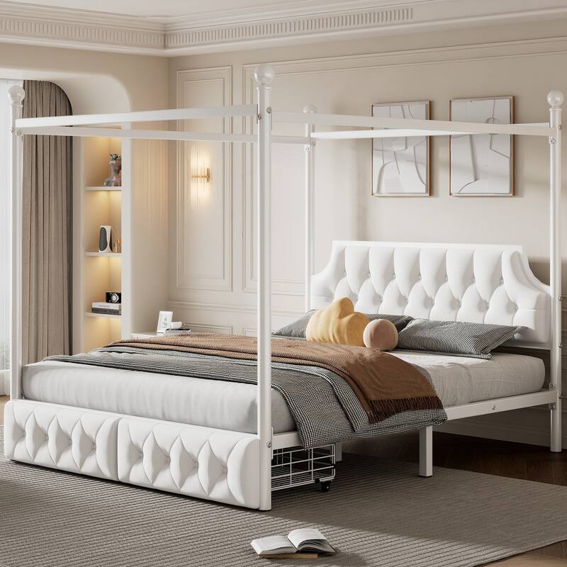 Queen Upholstered Canopy Bed Frame with 2 Drawers and Button Tufted Headboard/Metal Platform Bed Frame/Sturdy Metal Frame/White