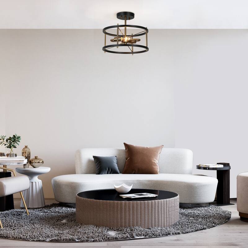 Modern 2-Light Black Gold Metal Drum Semi Flush Mount Ceiling Lights - 12" D x 10" H