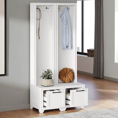 Set of 2 Free-Standing Hall Trees, 3-in-1 Entryway Coat Rack with Bench & Storage Drawers, Black Retro Handles