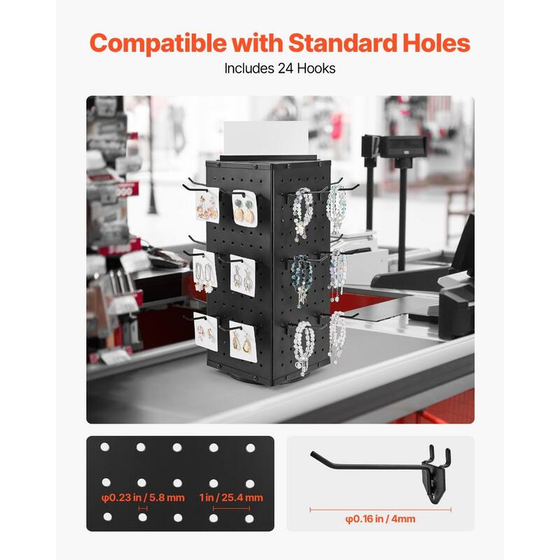 4-Sided Spinning Pegboard Display Rack with 24 Hooks for Tools and Accessories - 7.4 x 7.4 x 20.47 in