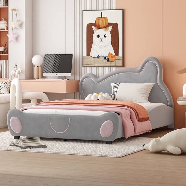 slide 2 of 9, Grey Velvet Upholstered Grounded Bed with Bear-Shaped Headboard Grey - Full