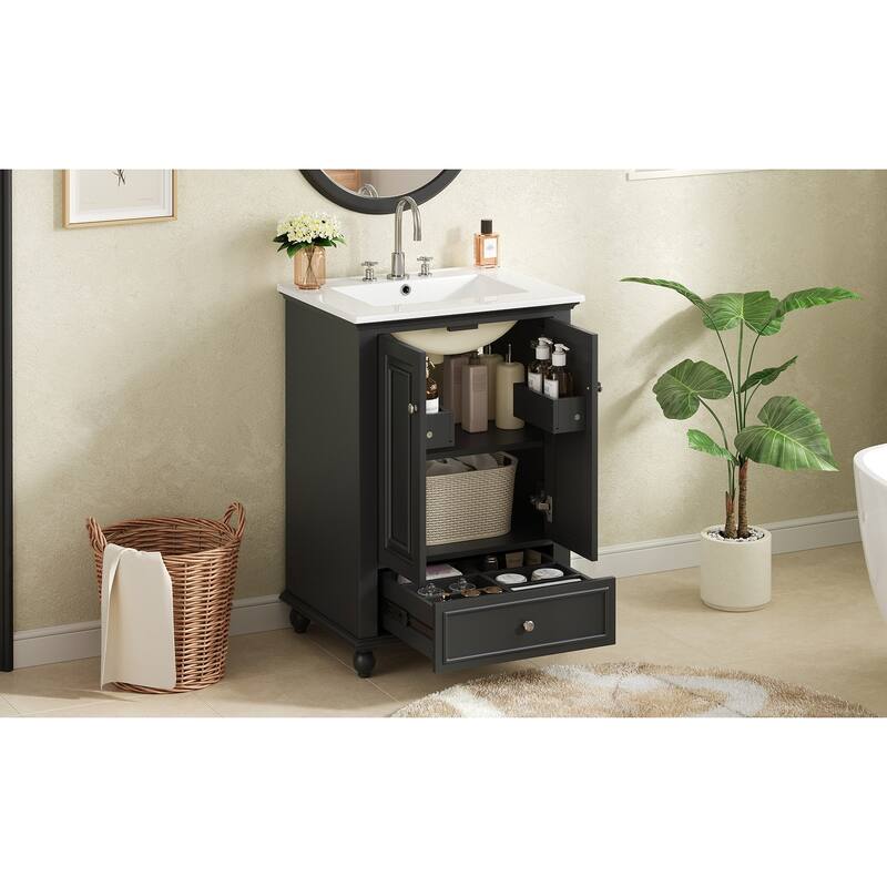 24"Bathroom Vanity with Ceramic Sink, Storage Cabinet with Soft Closing Doors, Bathroom Cabinet with Drawer and Drawer Dividers