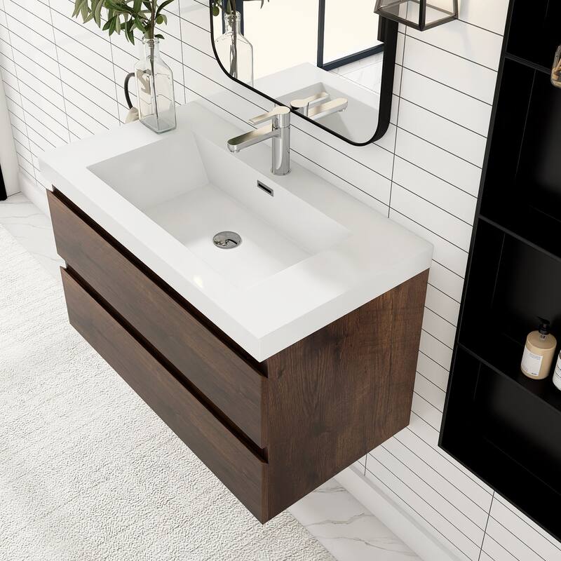 MDF Wall-Mounted Bathroom Vanity Set in Rose Wood with Integrated Culture Marble Sink