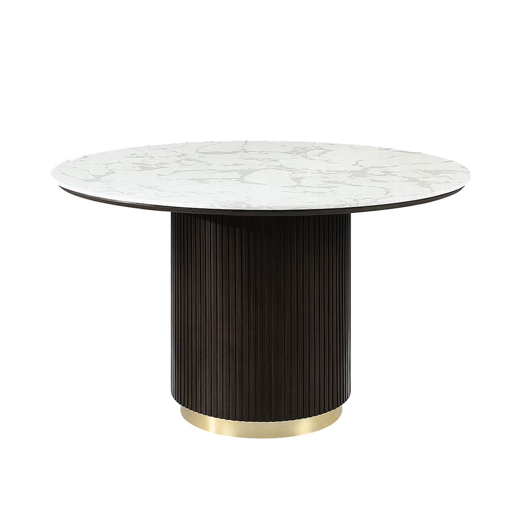 Round Dining Table with Faux Marble Top in Espresso and White - White/Espresso