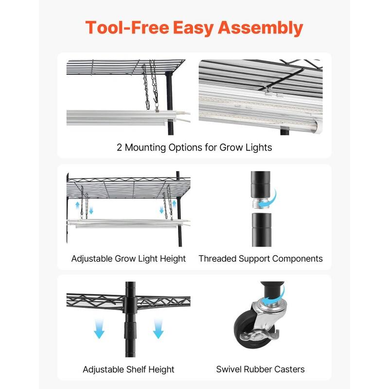 Black Metal 5-Tier Indoor Plant Stand with 8 LED Grow Lights and Timer, 71-Inch Adjustable Shelves on Wheels