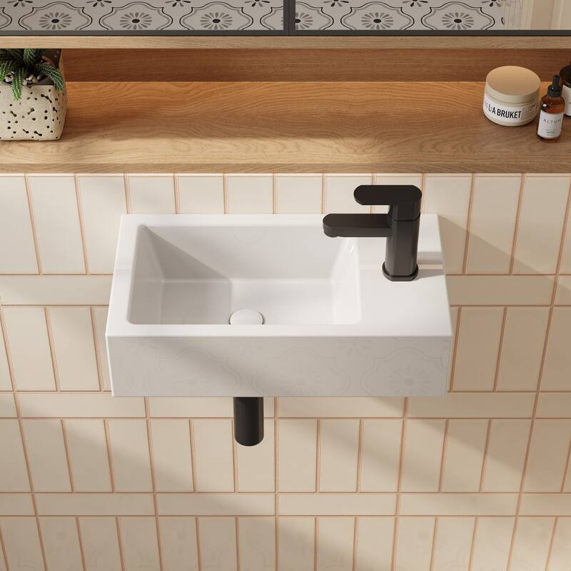 HOROW Right Hand White Ceramic Wall-Mounted Rectangle Vessel Sink Porcelain - N/A - White