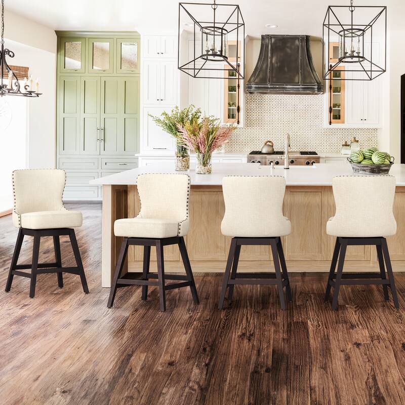 Modern 26 in. H Counter Height Bar Stools Upholstered 360 Free Swivel Counter Stools with Nailhead Trim - Set of 4 - Beige