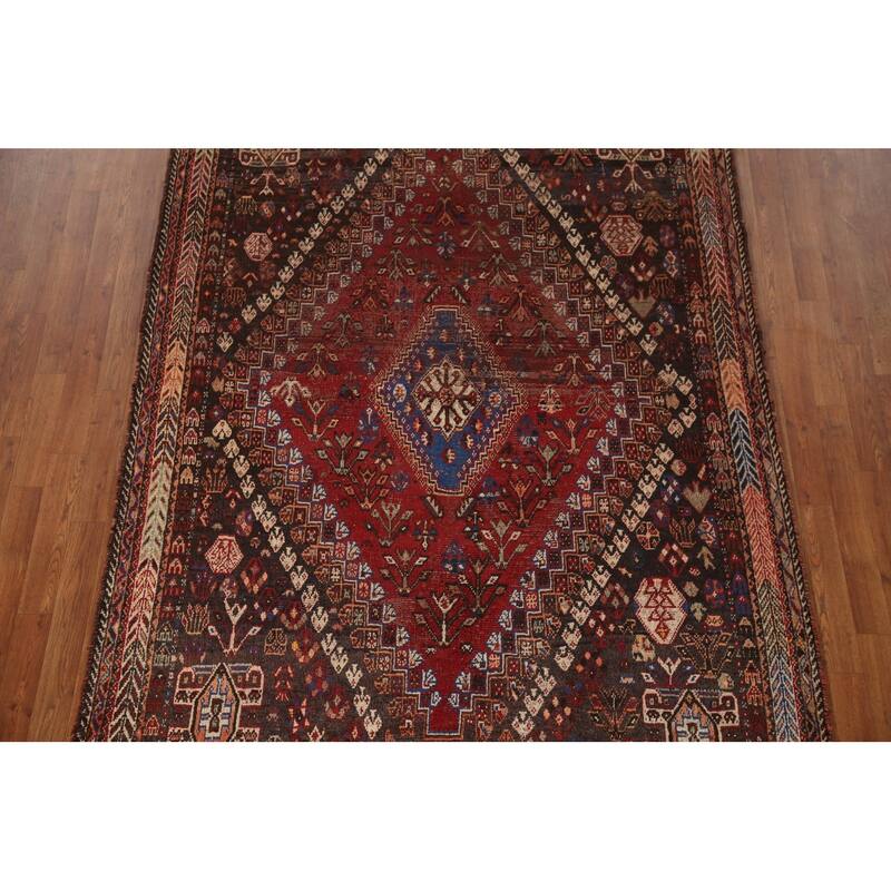 Vegetable Dye Shiraz Persian Antique Area Rug Hand-Knotted Wool Carpet - 5'7"x 8'2"