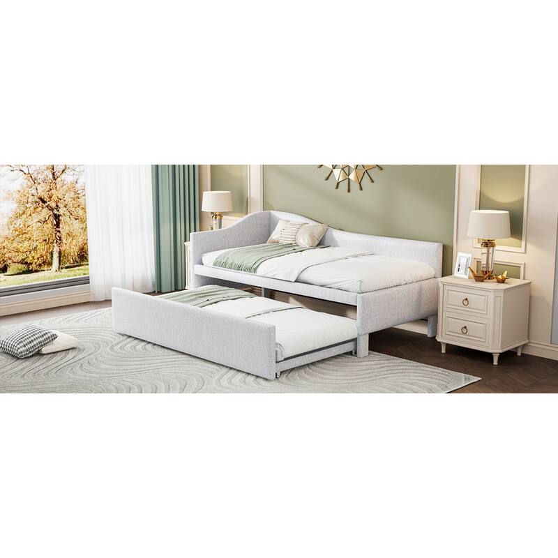 Roomfitters Twin Size Upholstered L-Shaped Daybed with Pop Up Trundle, Space Saving Fabric Sofa Bed Frame with Slats