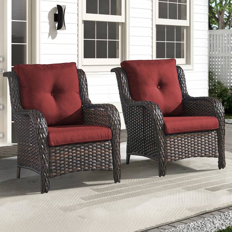 Outdoor Wicker High Back Club Chair Set of 2 - Red - Brown