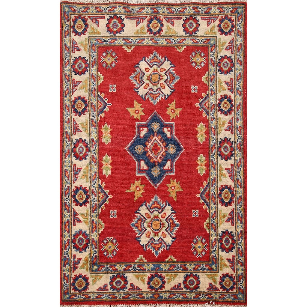 Red Geometric Kazak Oriental Accent Rug Hand-Knotted Wool Carpet - 1'11" x 3'3"