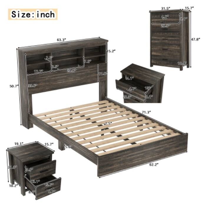 4-Piece Queen Bedroom Set - Storage Headboard with Charging, 2 Nightstands & 5-Drawer Dresser