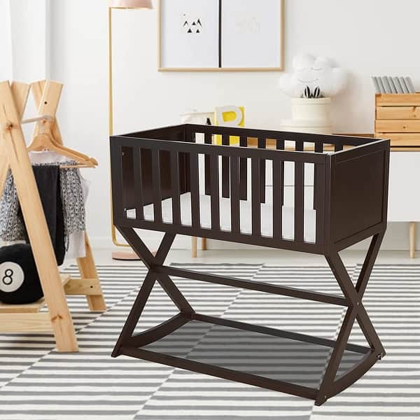slide 2 of 7, Kinbor Baby Cradle, Stationary and Rocking Bassinet, Handcrafted Elegant Wood Cradle with Mattress Brown