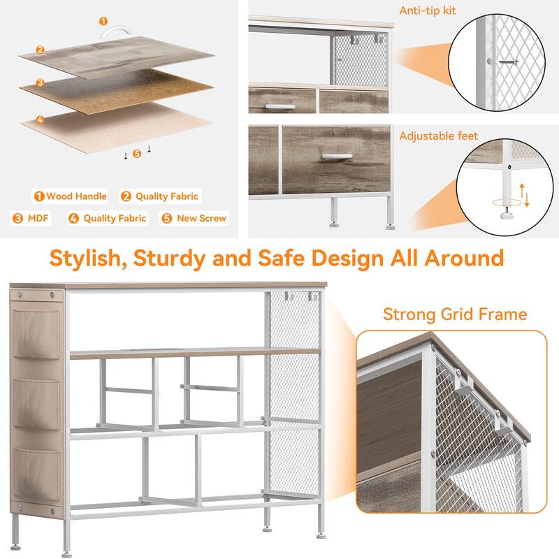 Dresser for Bedroom TV Stand with Power Outlets and LED Light, 6 Dresser with Shelves for 45" TV, PU Finish