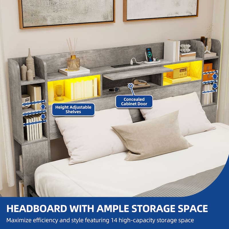 Moasis Queen/King Size Bed Frame with Bookcase Headboard and 4 Storage Drawers