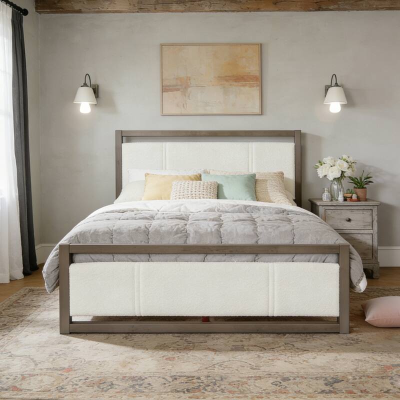 Roomfitters Wood Platform Bed Frame with Ivory Boucle Fabric Headboard and Underbed Storage, Grey and Ivory - Queen