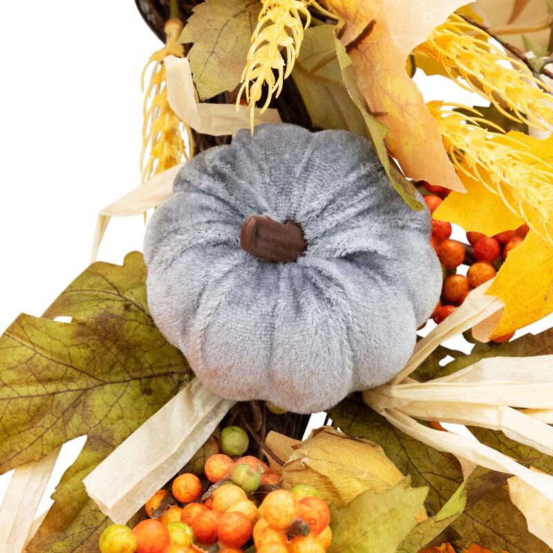 Velvet Pumpkins Wheat Artificial Fall Harvest Wreath - 24-Inch, Unlit