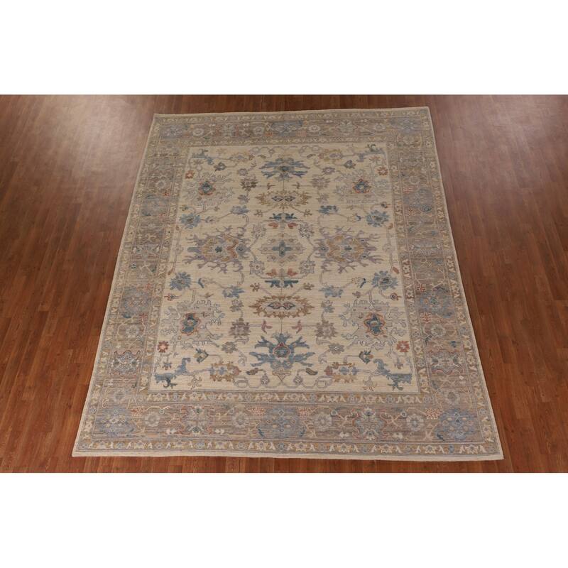 Beige Floral Oushak Vegetable Dye Area Rug Hand-Knotted Wool Carpet - 8'2" x 10'0"