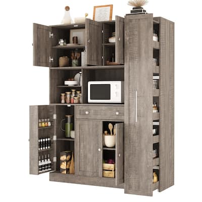 Large Kitchen Pantry Storage Cabinet Cupboard, Buffet with Hutch and Pull-Out Side Cabinet for Enhanced Kitchen Organization