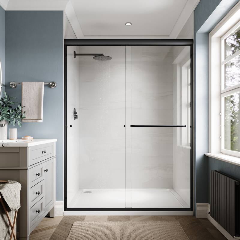 Elegant Double Sliding Shower Door in Matte Black Finish with 1/4 inch Clear Shower Tempered Glass Panel Tub Door
