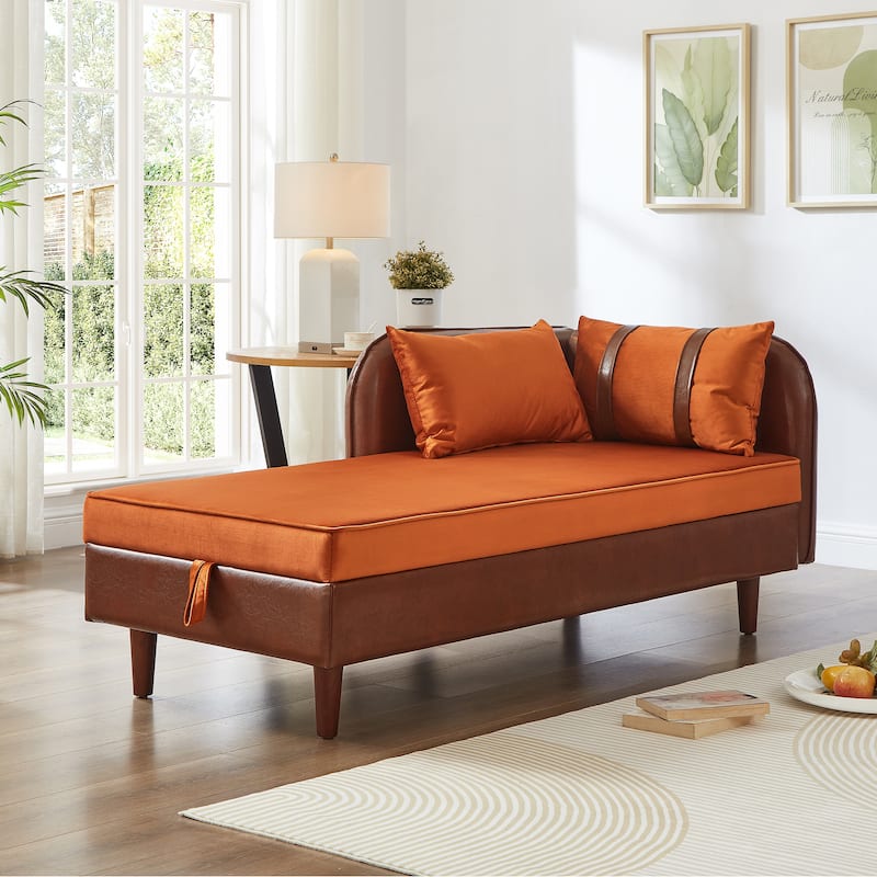 65" Storage Chaise Lounge Sofa with PU and Velvet Upholstery, Modern Sleeper Sofa with Hidden Storage - Orange