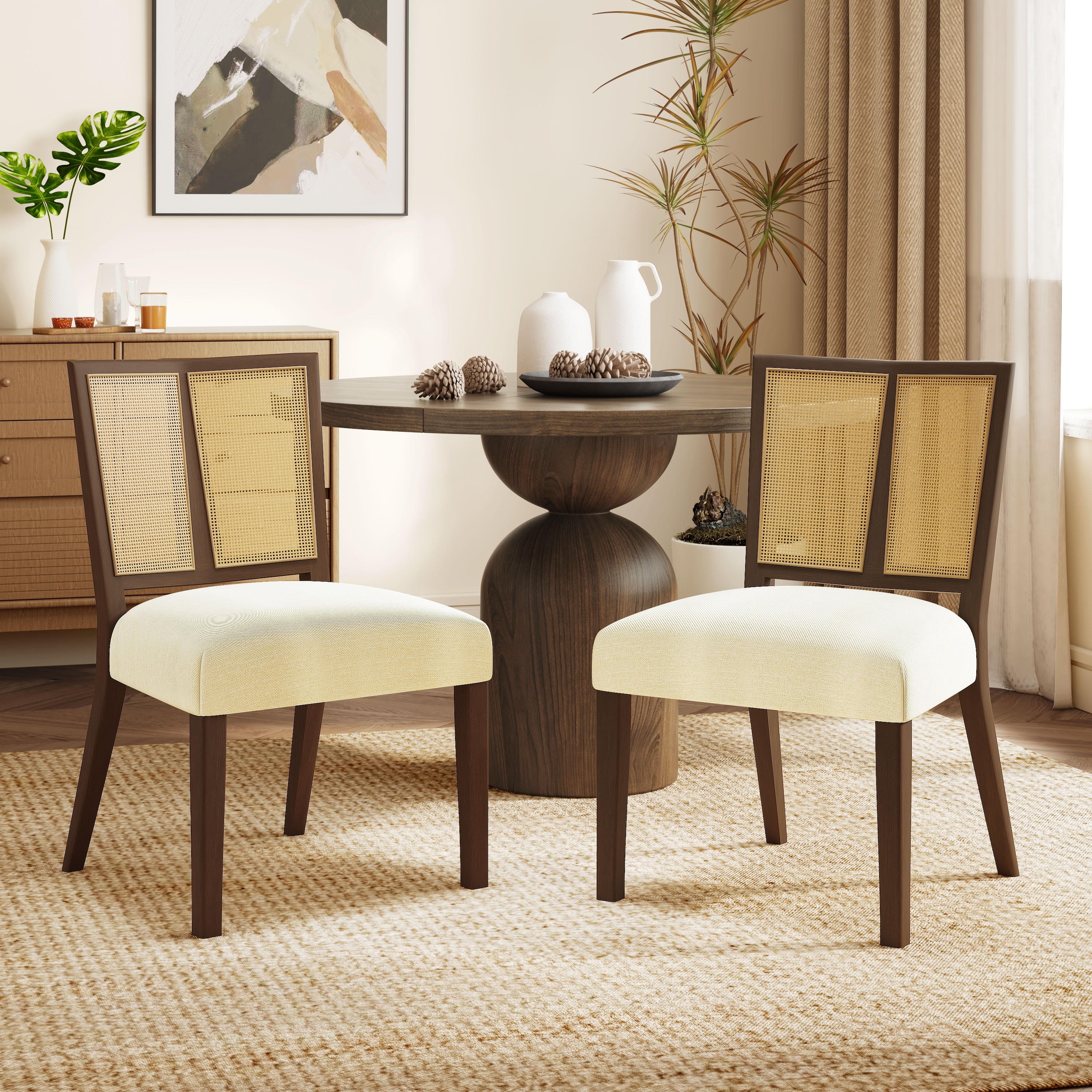 Set of 2 Rattan Back Dining Chairs with Upholstered Seat, Rubberwood Frame, Armless Mid-Century Design