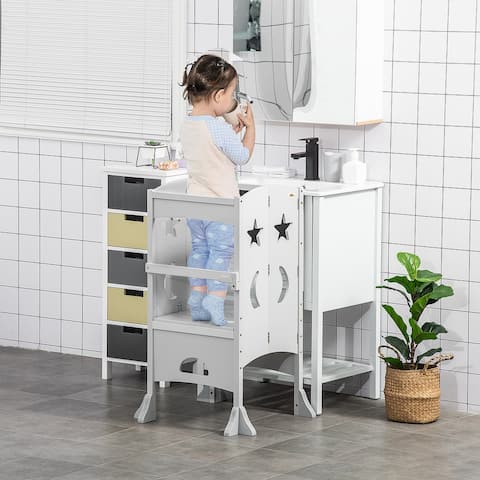 Qaba Kids Kitchen Helper Foldable Step Stool Toddler Kitchen Stool w/ Chalkboard Lockable Handrail for 3-6 Years
