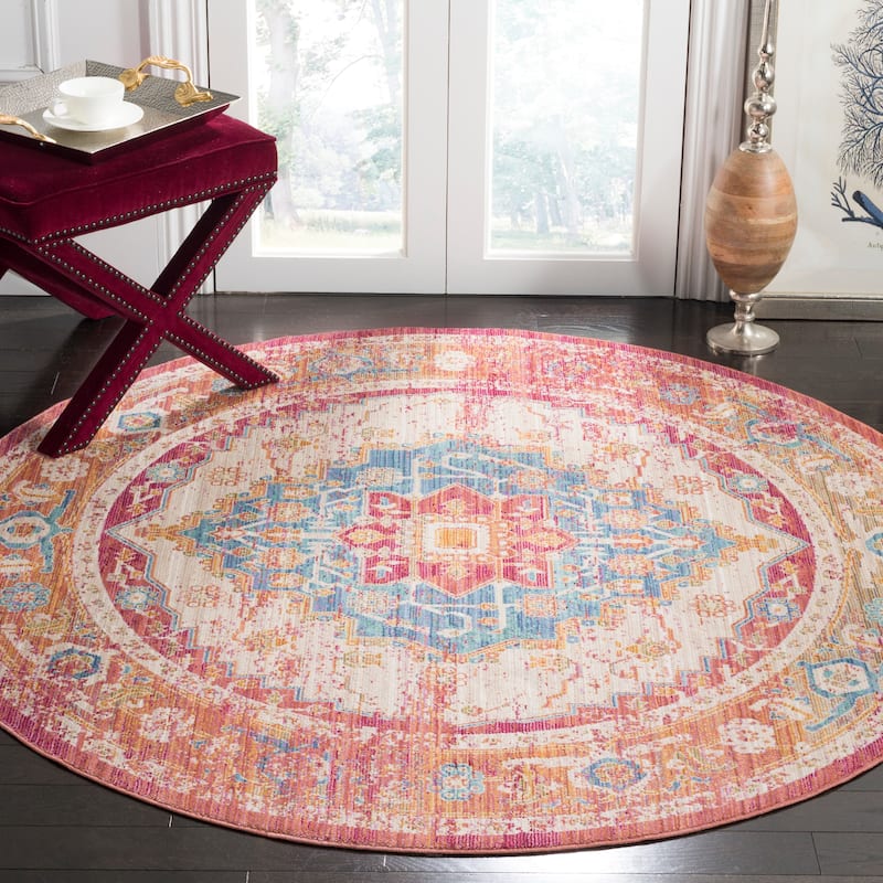 SAFAVIEH Sutton Elena Boho Oriental Polyester Medallion Rug - 6' Round - Fuchsia/Ivory