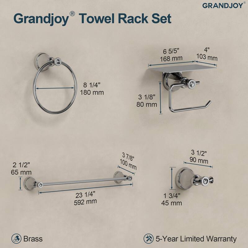 GRANDJOY 4-Piece Bathroom Hardware Set with 23-Inch Single Towel Bar and Shelf Toilet Paper Holder