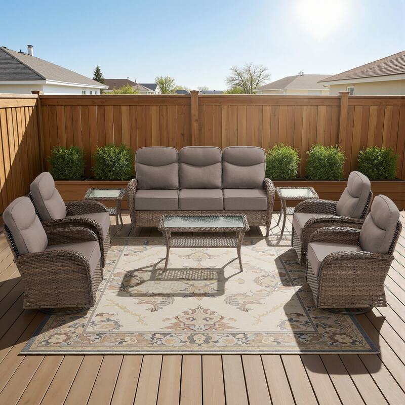 Luna 8-Piece Wicker Patio Conversation Set with Swivel Gliders and 6-Inch Thick Olefin Cushions - Gray Cushions - Brown Wicker