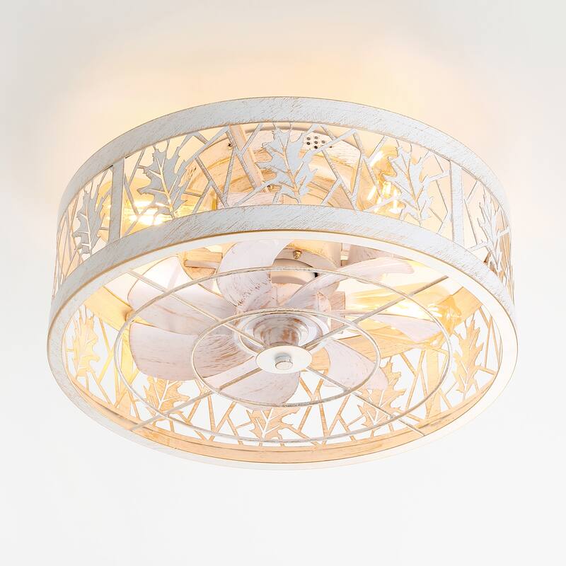 16.5" Vintage Distressed White 7-Blade Caged Ceiling Fan with Remote and Light
