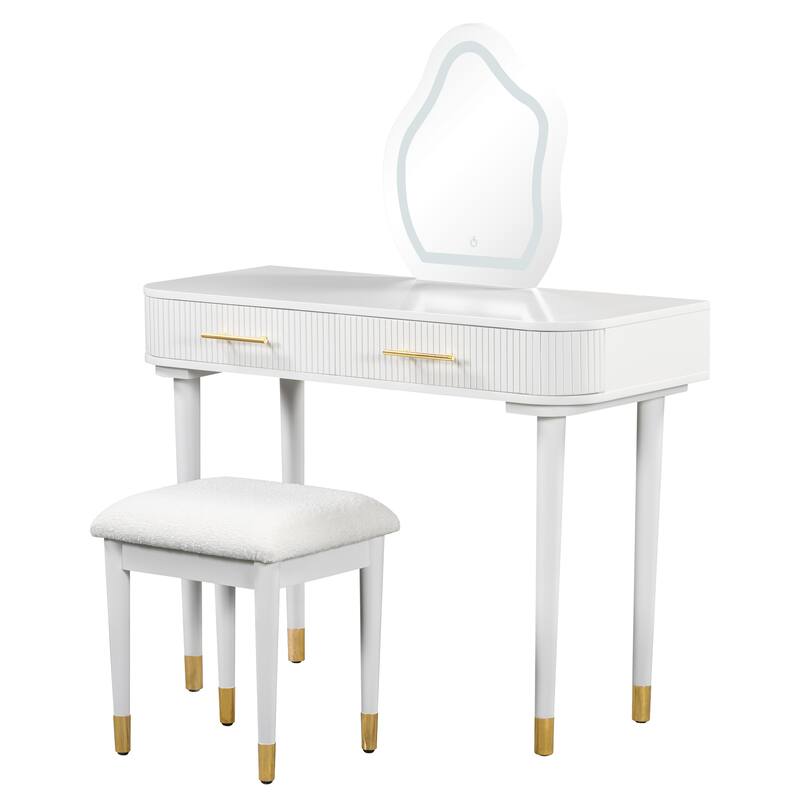 40" Modern Vanity Table Set with Mirror Touch Screen Lighted Mirror, Dressing Table and Cushioned Stool Set with 2 Large Drawers