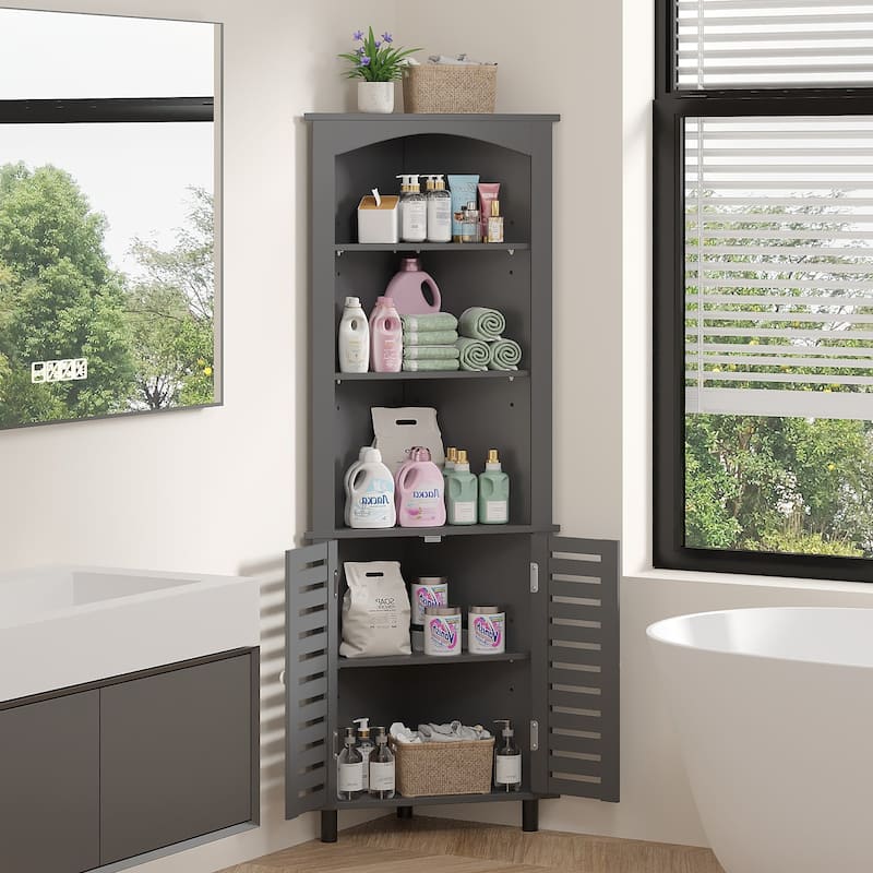 VECELO 68.5" Tall Triangle Corner Bookcase with Adjustable Open Shelves Magnetic Shutter Doors Storage Cabinet for Living Room