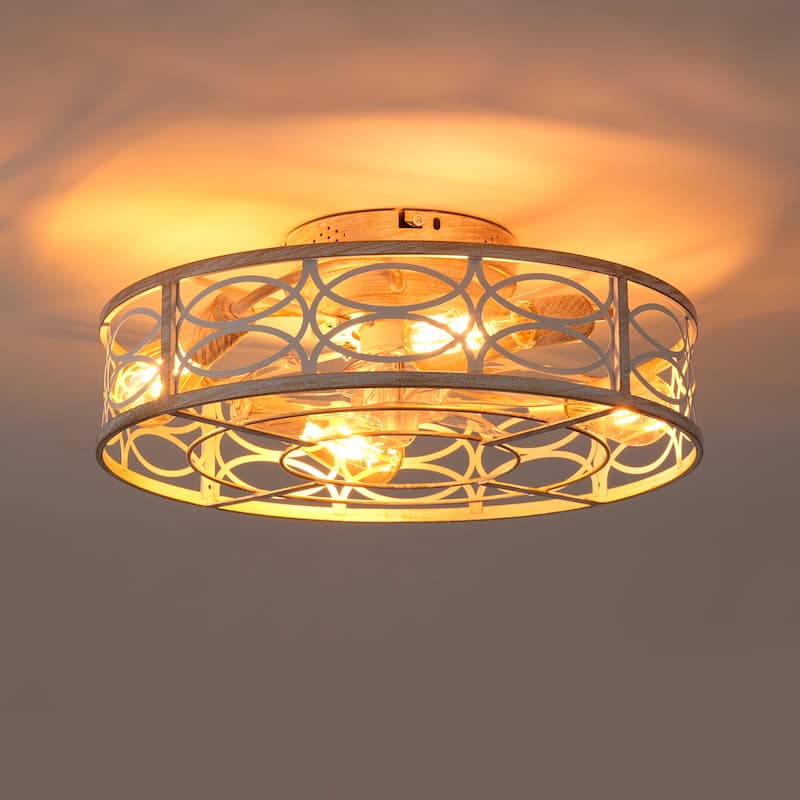 20" Bladeless Caged Ceiling Fan with Light and Remote,NOT Included Bulbs - Retro White