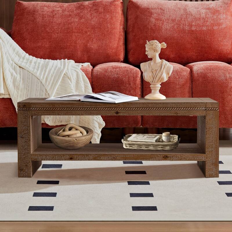 Rectangle Solid Wood Coffee Table with Open Storage Shelf - Natural