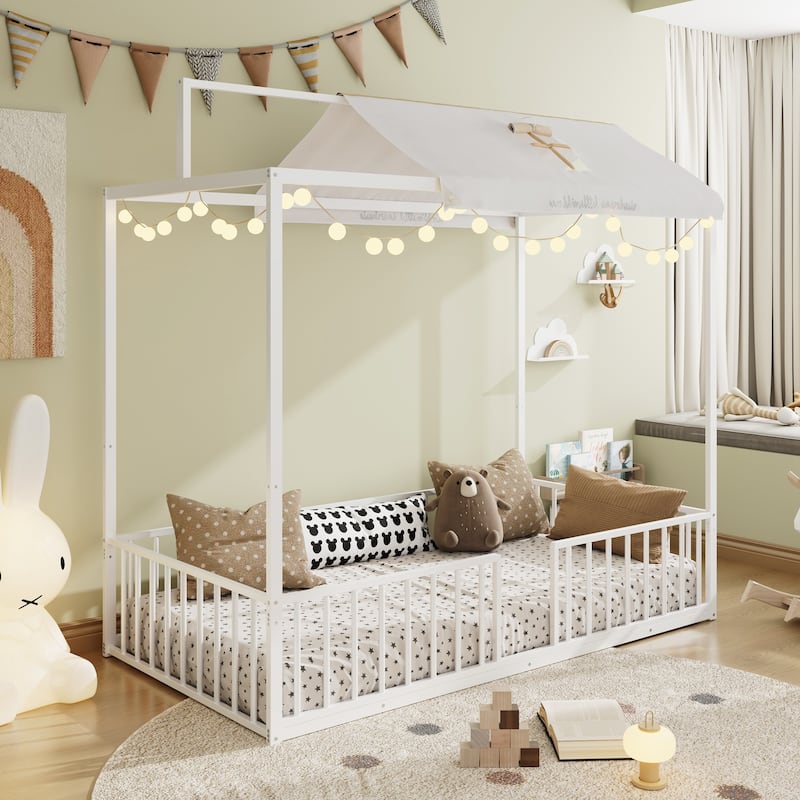 3-in-1 Convertible Montessori Metal floor bed,Fenced toddler bed with Sturdy Metal Slats Support