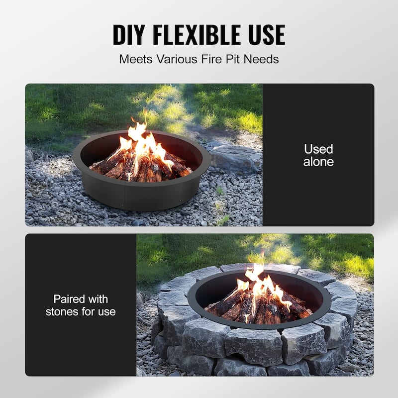 Black Carbon Steel Round Ring Fire Pit Perfect for Outdoor Special Events or Holiday Gatherings