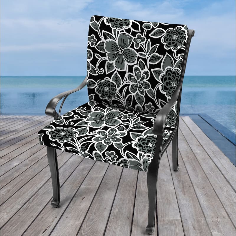 21" x 44" Black Floral Outdoor Chair Cushion with Ties and Loop - 44'' L x 21'' W x 3.5'' H