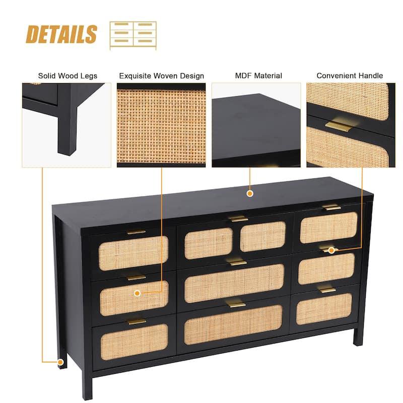 Wooden Rattan Woven 9-Drawer Storage Dresser/Chest of Drawers