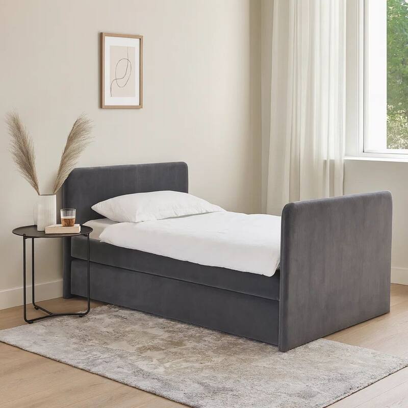 Cave Daybed, Gray Velvet Upholstery, Modern Design, Caster Mounted Trundle