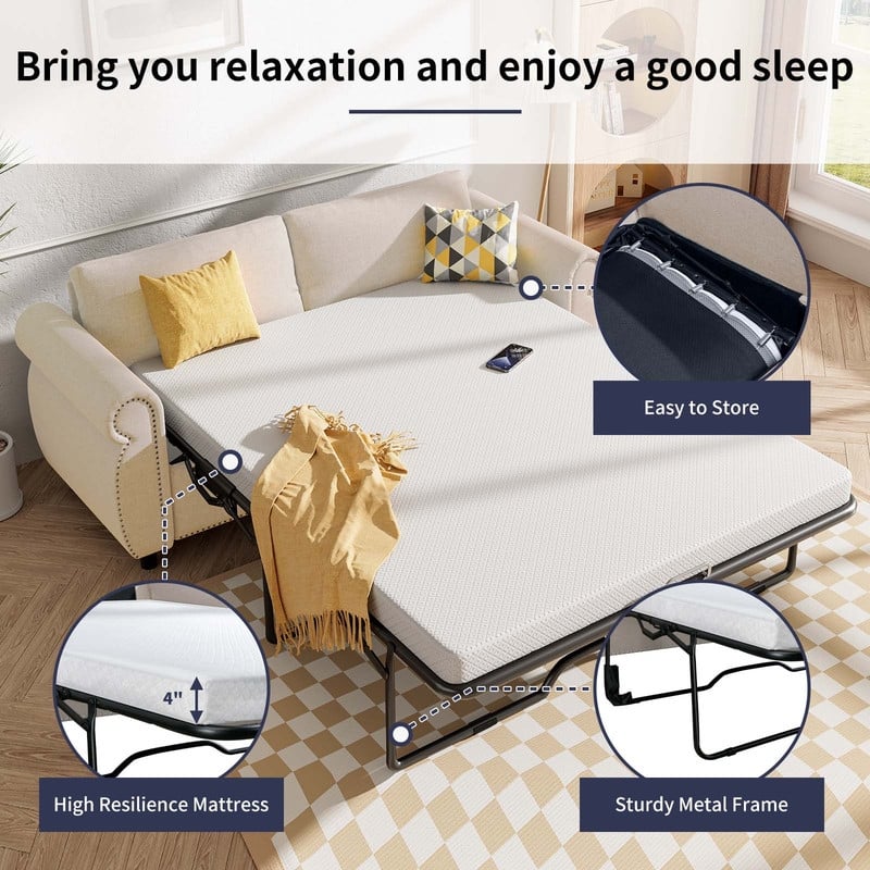 Mixoy Full/Queen Size Pull Out 2 in 1 Sleeper Sofa Bed with Mattress,Convertible Upholstered Loveseat with Nailhead